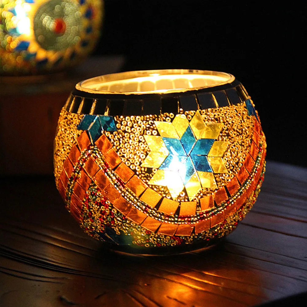 Moroccan Style Mosaic Candle Holder Glass Handmade Patch Romantic Candlelight Dinner Bar Home Restaurant Decoration Ornaments