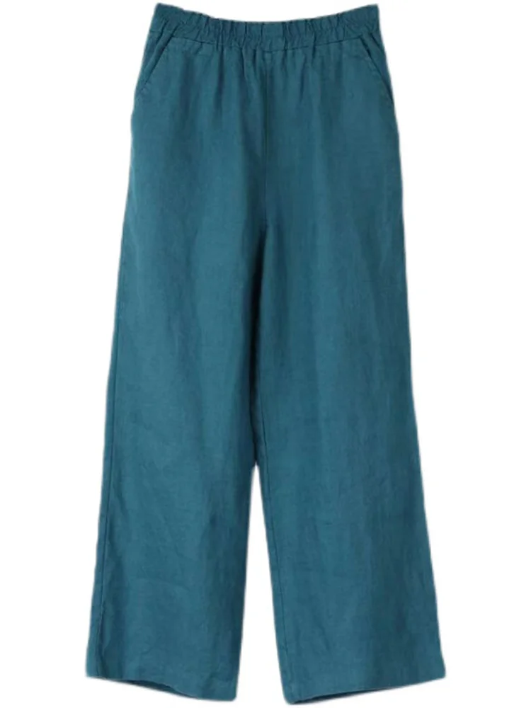 Solto algodão linho calças de perna larga feminina cintura alta em linha reta casual artístico cor pura outono inverno faion commute sle