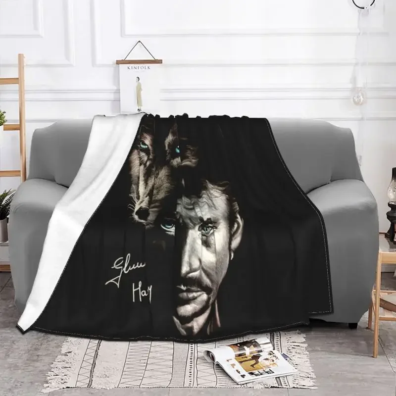 Johnny Hallyday And Wolf Blanket Fleece Spring Warm Flannel France Singer Rock Star Throw Blankets for Sofa Travel Bedroom Quilt