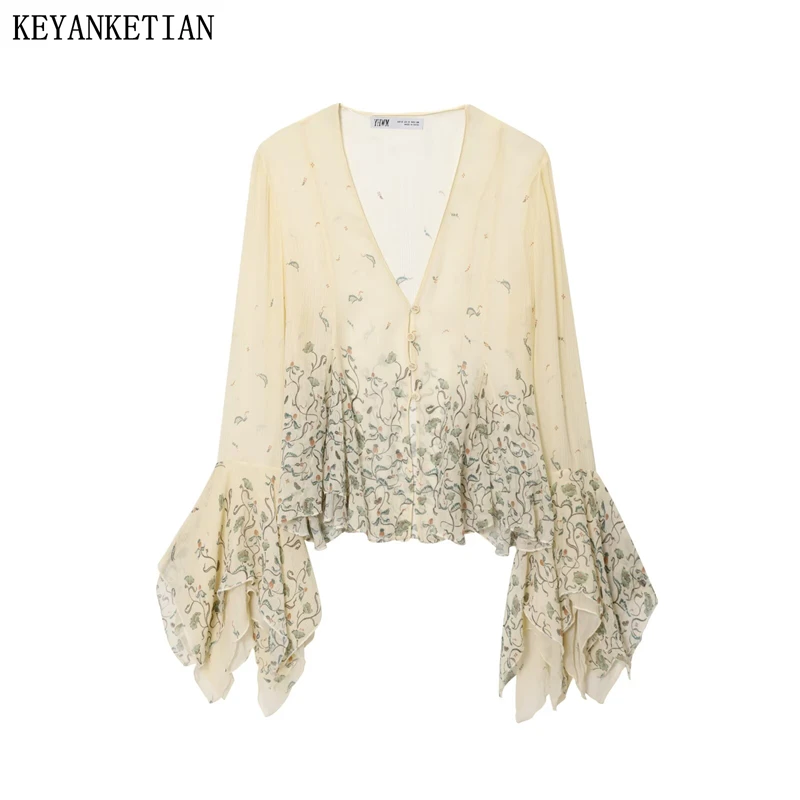 

KEYANKETIAN Summer New Women's Vacation Style Flower Print Flared Sleeves V-neck Shirt Women Single Breasted Shirt