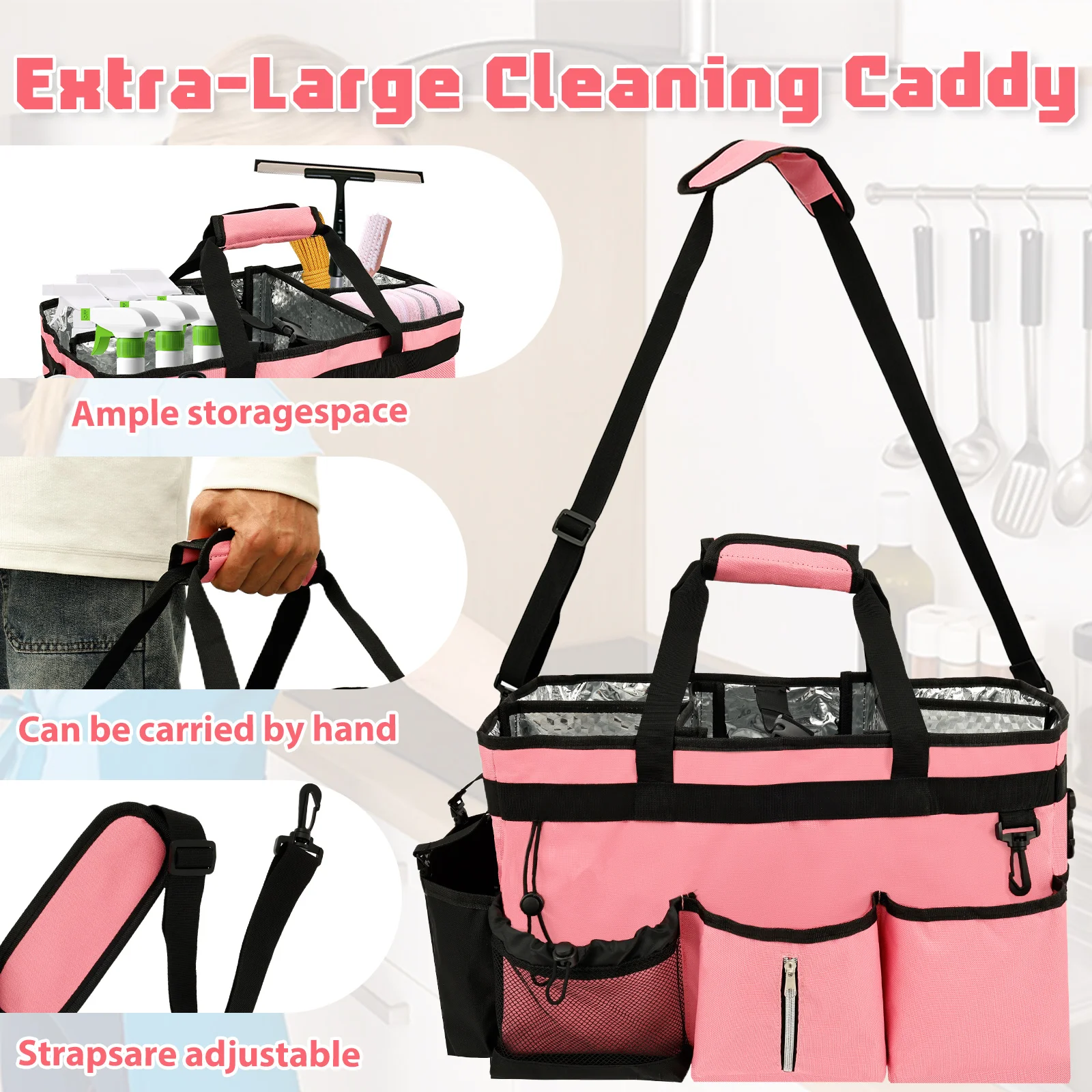 حقيبة تخزين أدوات التنظيف شديدة التحمل يمكن ارتداؤها مع فواصل قابلة للفصل، حقيبة أدوات متعددة الوظائف ذات سعة كبيرة #4