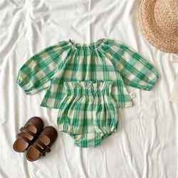 2024 New Spring Summer Baby Green Plaid Long Sleeve Tops And Shorts 2 Pieces Suit Girl Loose Clothing Set Kids Cotton Clothes