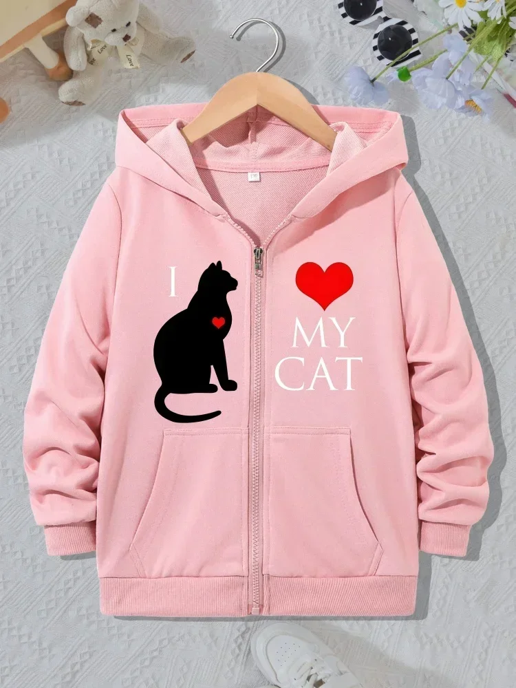 Kids Trendy Red Heart Cat Letter Chest Graphic Zip Hoodie Girls Long Sleeve Loose Lightweight Outerwear