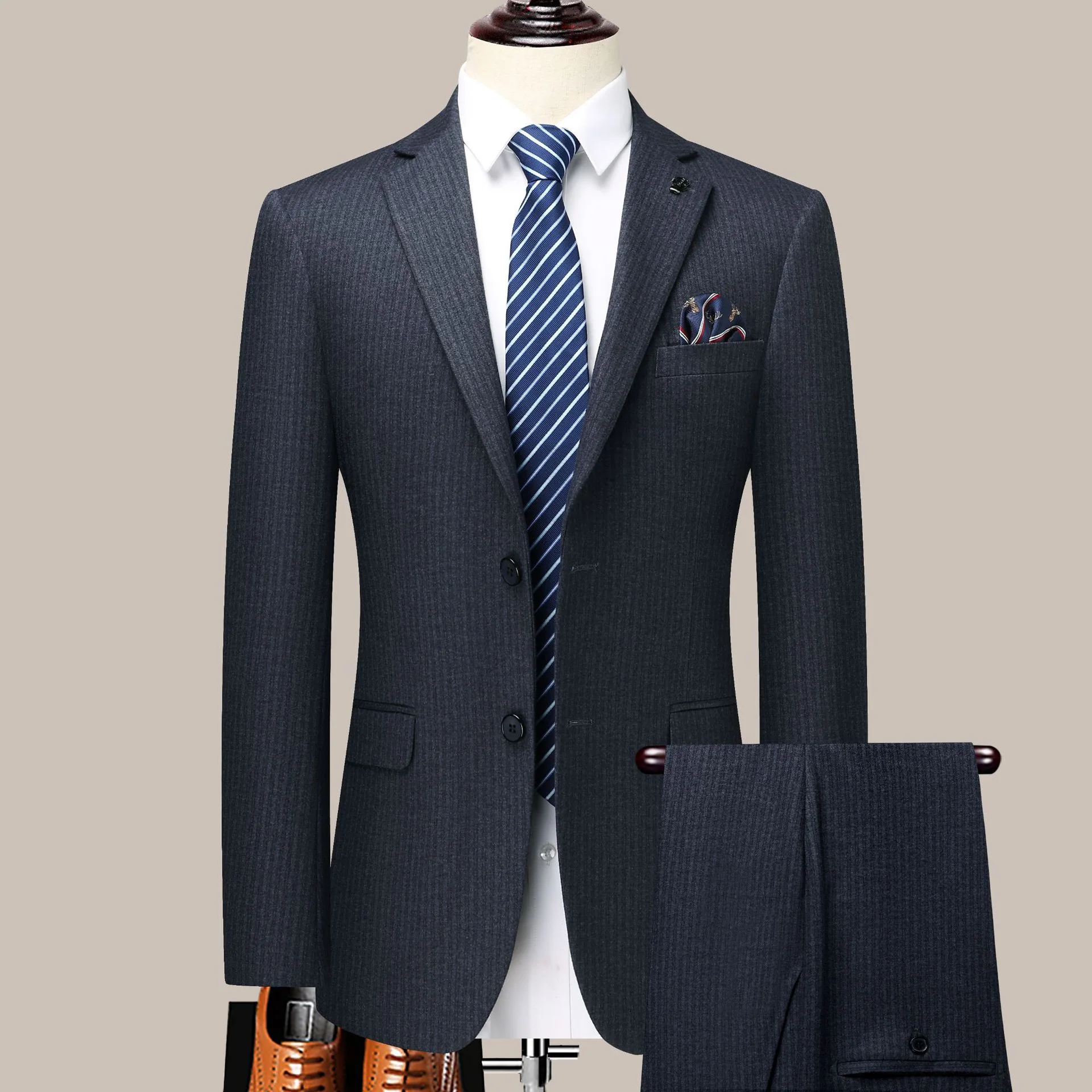 

(191) Custom Men's Business Suits Wedding Groomsmen Slim Striped Suits