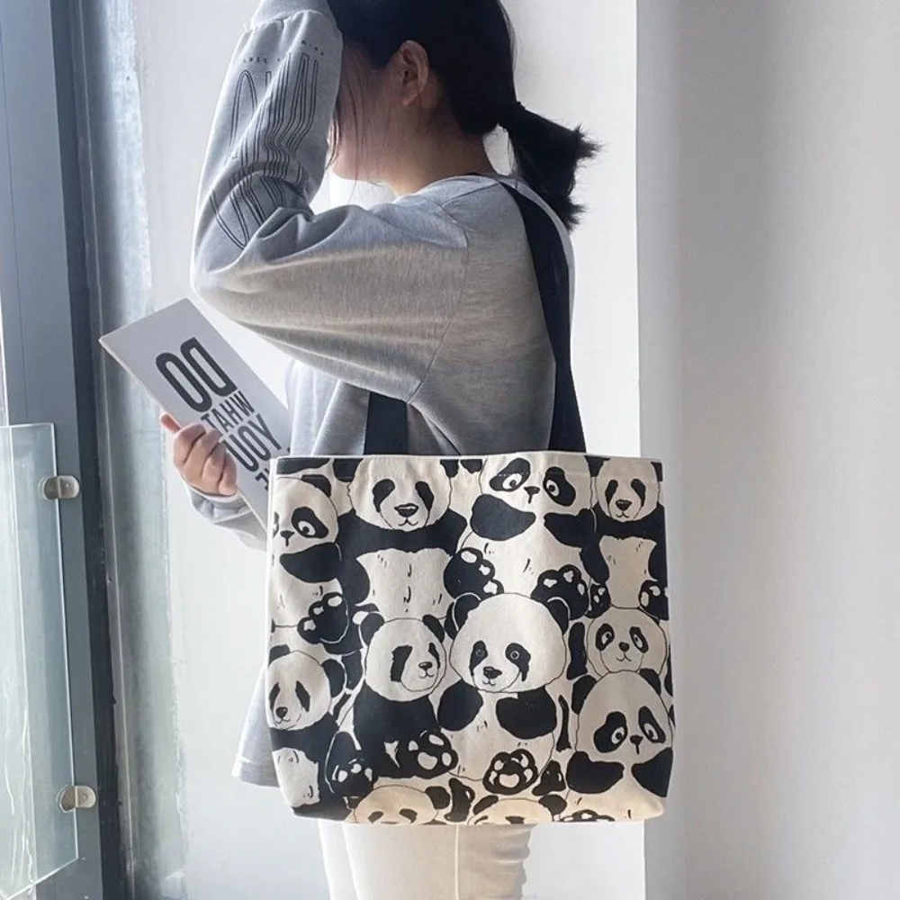 Cute Canvas Shopper Bags Cartoon Panda Eco Reusable Handbags Foldable Printed Student Tote Book Bag