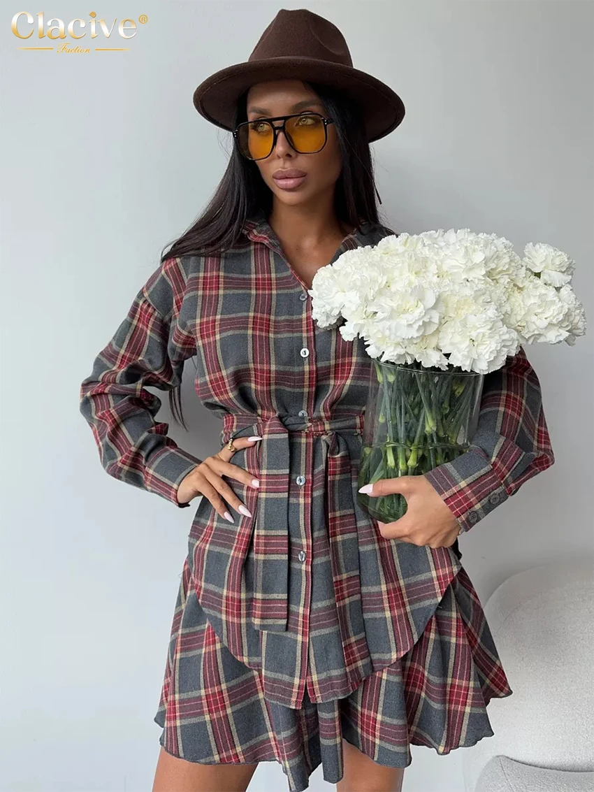 Clacive Fashion Loose Plaid 2 Piece Sets Women Outfit 2025 Elegancka koszula z długim rękawem i wysoką talią Mini spódniczka zestaw damski
