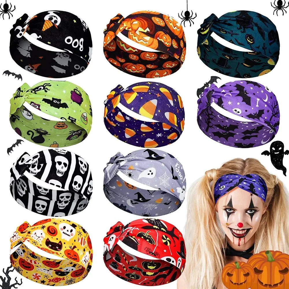 Vintage Knot Elastic Turban Wide Edge Pumpkin Halloween Printed Headband Unisex Sports Sweatband Bandanas Elastic Headband Yoga