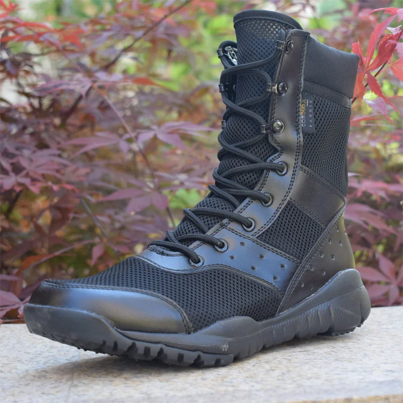 Botas tácticas de trabajo para hombre, zapatos ligeros de combate del Ejército, impermeables, con cordones, a la moda, de malla, para motocicleta