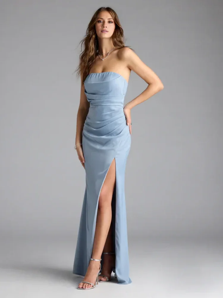 

Strapless Mermaid Prom Dress 2026 Tight Corset Satin High Slit Floor Length Formal Evening Gown