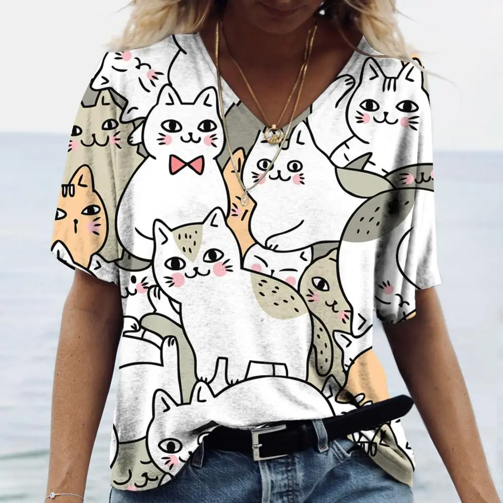 Cartoon Kitten Women's T Shirt Harajuku Clothing Summer V-neck Girls Pullover Cotton Short Sleeve Tees Female Casual Streetwear