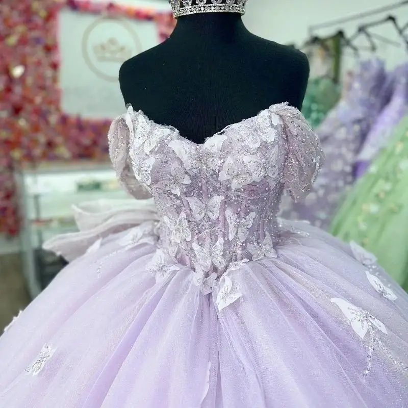 Glittering Lavender Quinceanera Dresses Off the Shoulder Butterfly Beads Lace Vestidos De 15 Anos Birthday Party Prom Dress