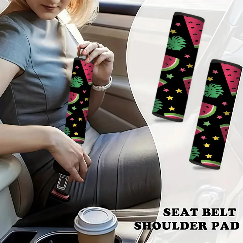 Watermelon Iced Drink Monstera Leaves Star Car Seat Belt Cover, Summer Print Black Background, Durable Seat Belt Shoulder Pad