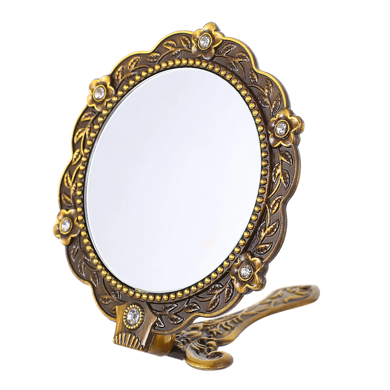 Handheld Vintage Makeup Mirror Folding Portable Mini Mirror Retro Style Clear Reflection for Daily Use Cosplay Party