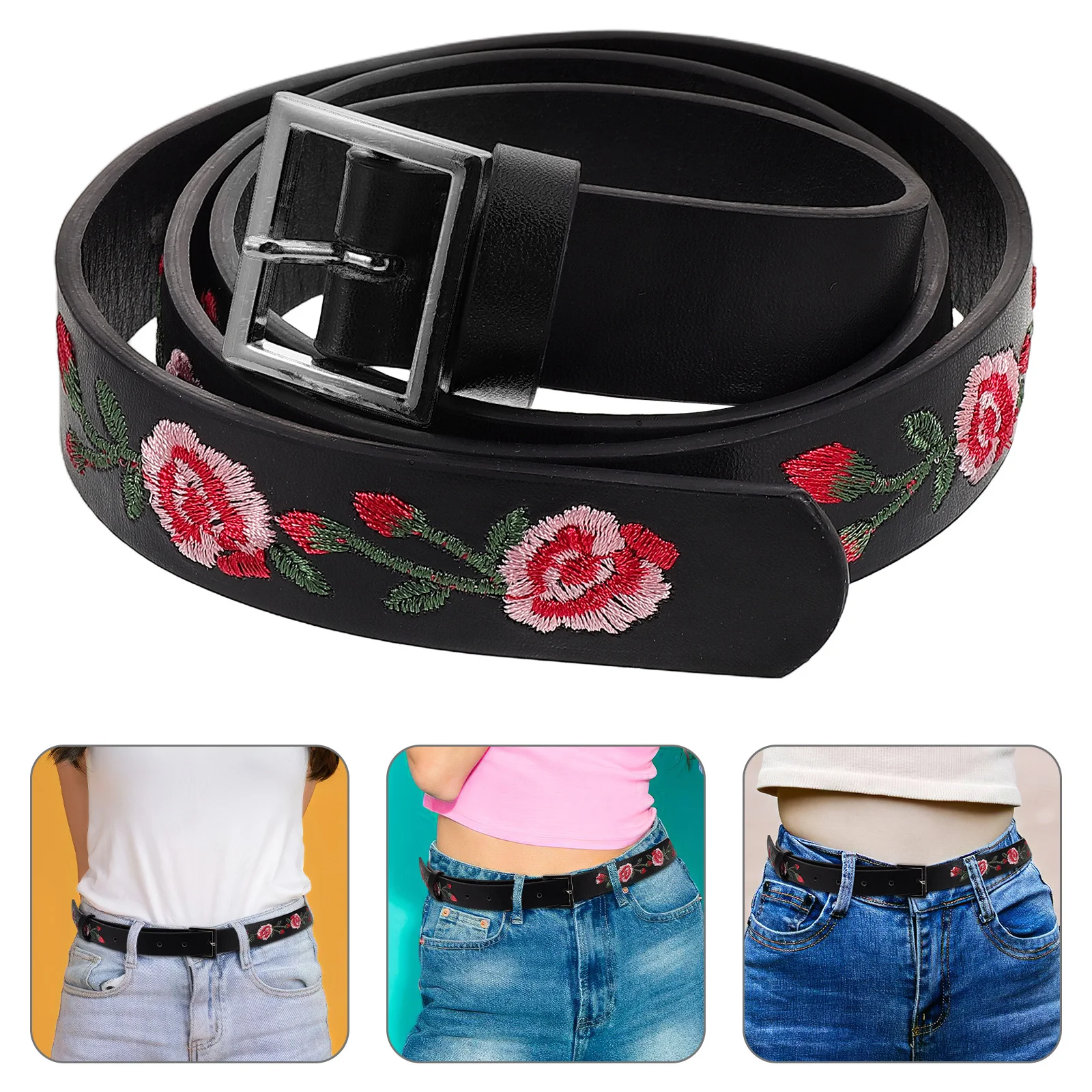 حزام نسائي مطرز باللون الوردي من البولي يوريثان، وشاح خصر مزين بالزهور، حزام أنيق بإبزيم مربع عتيق للفساتين والجينز #1