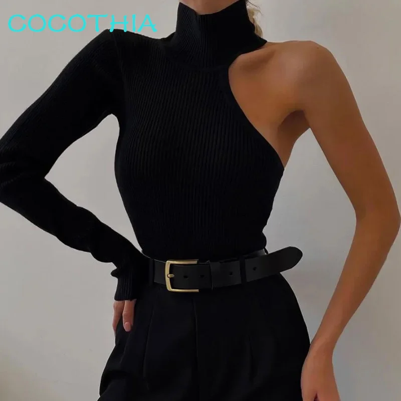 

COCOTHIA-Asymmetrical Jumpsuit, Black Turtleneck, One Shoulder, Slim Fit, Feminine Flirtation, Chic Streetwear, Winter Rompers