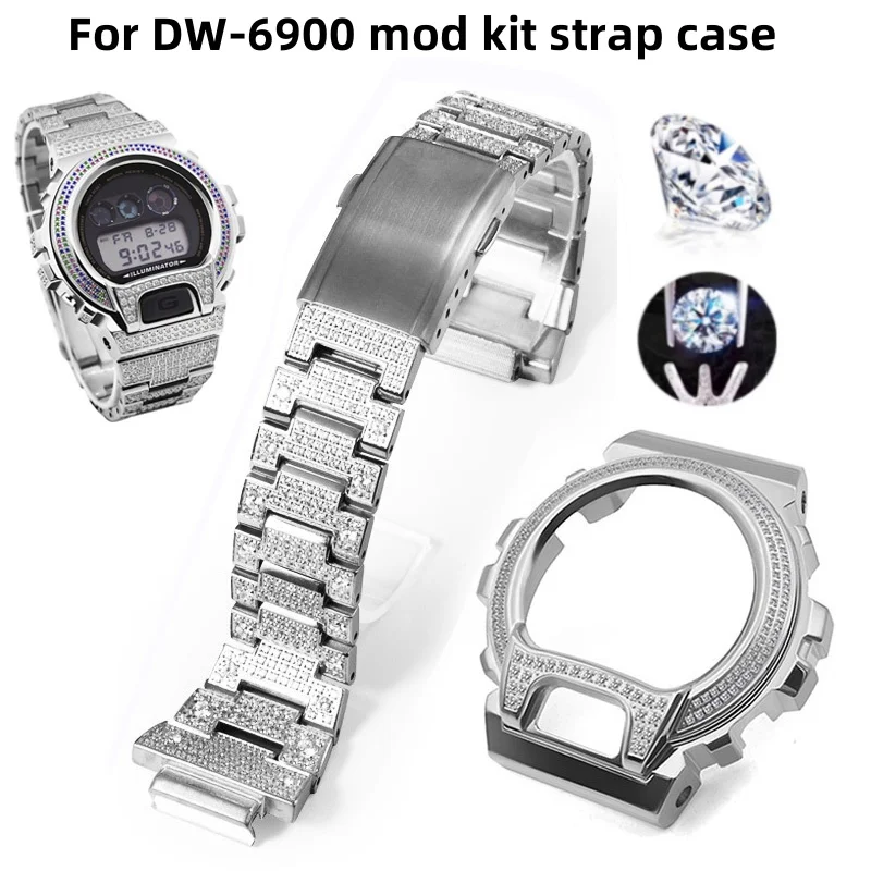 For Casio G-Shock DW-6900 Metal Case Strap DW6900 DW-6600 Mod Kit Stainless Steel Case with Diamond Inlaid Case Shell Bracelet