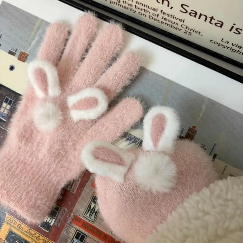 Niedliche Korallensamt-Handschuhe aus Korallensamt, Kaninchen-Katzenohren-Handschuhe, winddicht, Cartoon-Baumwoll-Fäustlinge für Damen