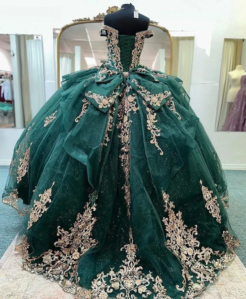 Green Princess Quinceanera abiti Ball Gown Off The Shoulder Appliques Sweet 16 Dresses 15 aecos Mexican