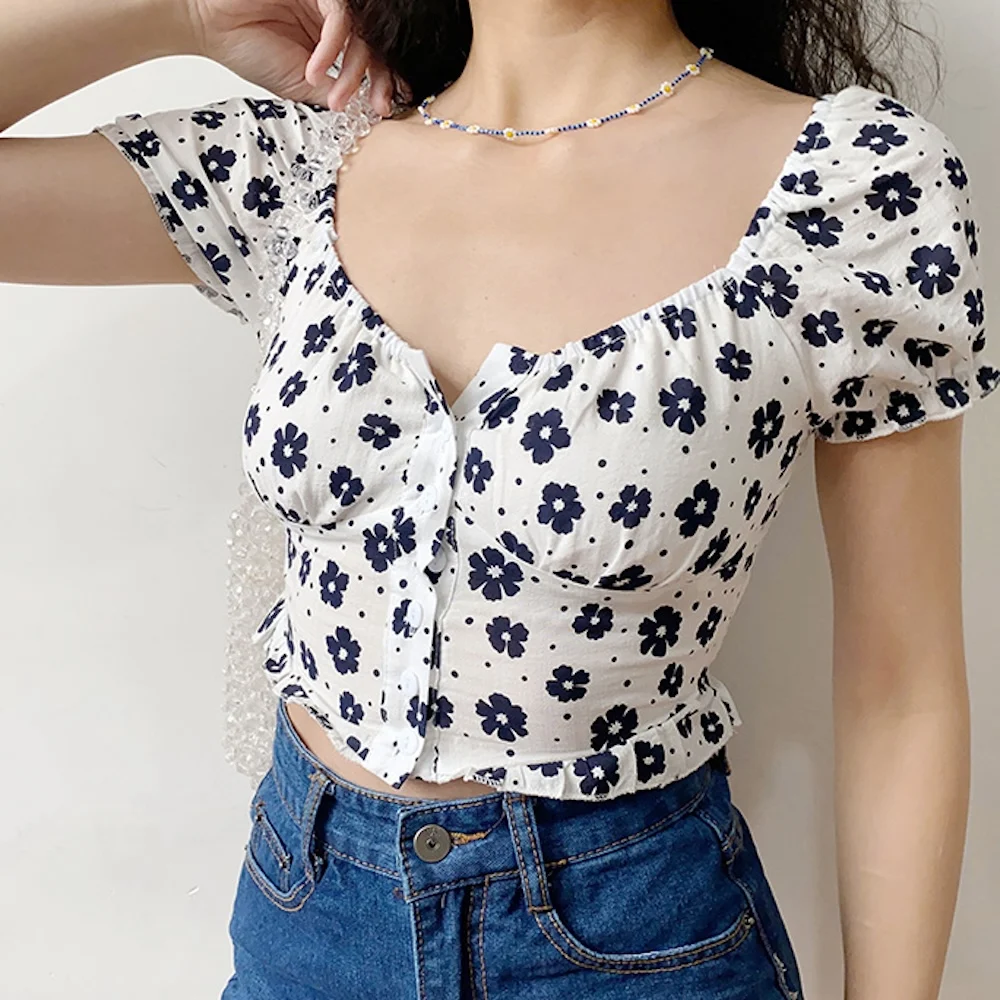 Cotton Sexy Plus Size Women's Square Neck Unique Off-Shoulder Short Bubble Sleeve Floral Shirt Top Buttoned Slim Fit Blouse