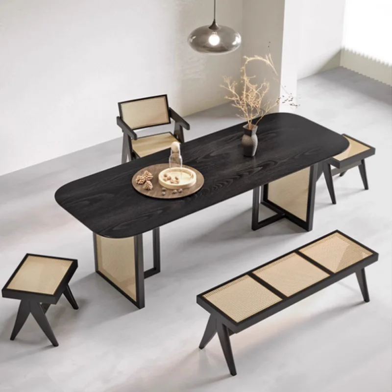 Medieval style solid wood dining table Japanese style wabi-sabi style rattan woven zen creative tea table household