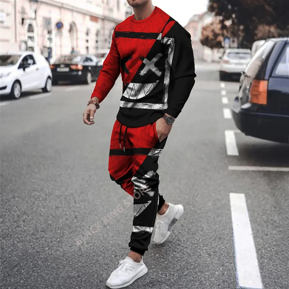 New Smiling Tracksuits XXO Pattern Men\'s 2 Piece Set 3D Print Long Sleeve T-shirt Suit Casual Men Tshirt Streetwear Fashion Suit