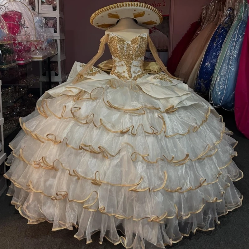 

White Princess Off the Shoulder Sweet 16 Dress Quinceanera Dresses Applique Beads Bow Tiered Tull Corset Party Birthday Vestidos