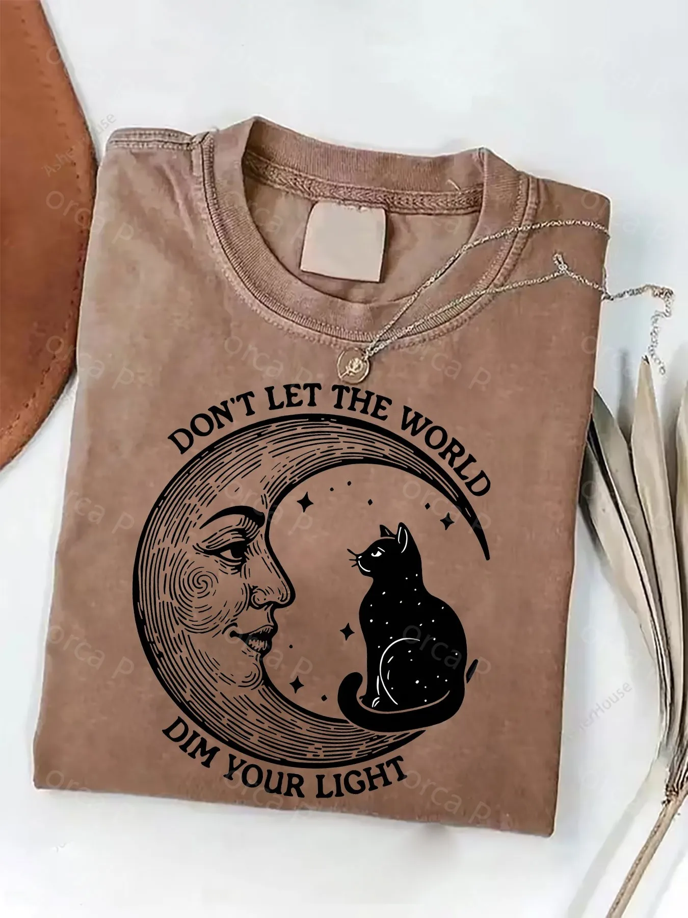 Don't Let The World Dim Your Light Moon and Cat Design Water Washed T Shirt for Women and Men Soft Comfortable Casual Wear