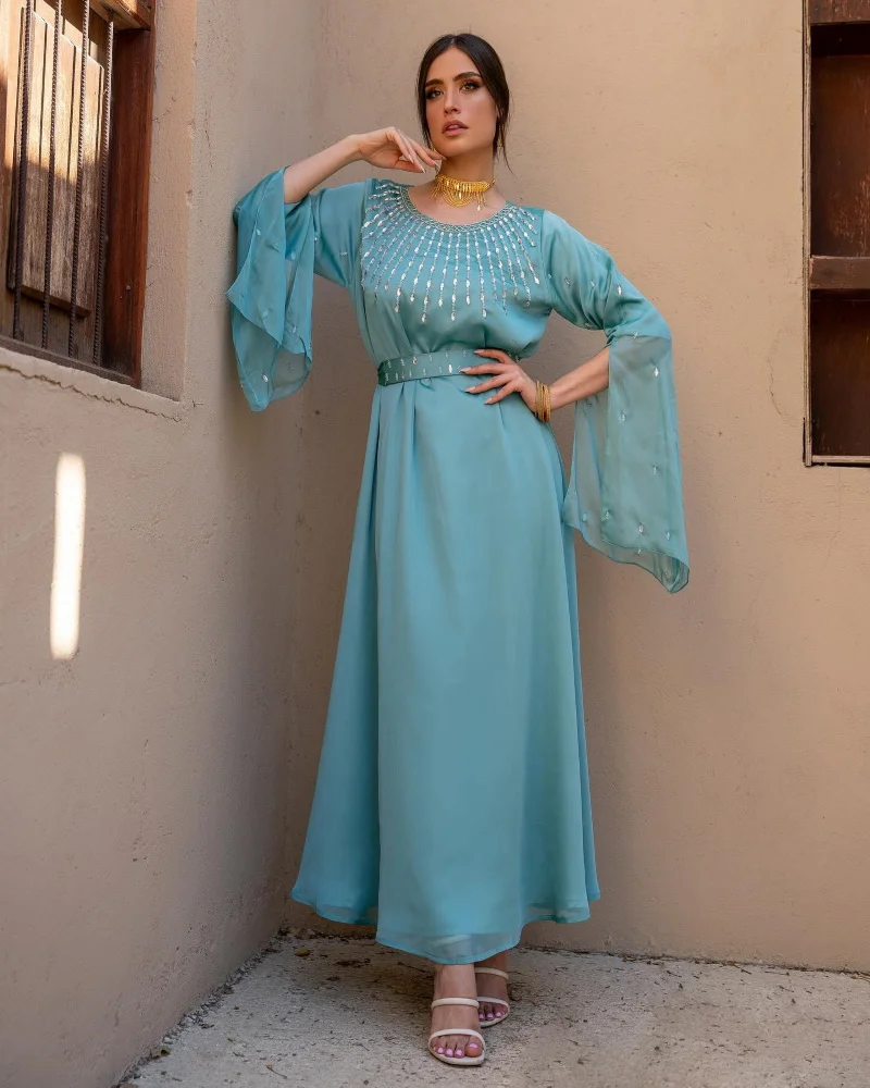 Vestido de noche Formal y Sexy para mujer, traje elegante de gasa con cristales, corte en A y cuello redondo, para fiesta de cóctel y graduación, 2024