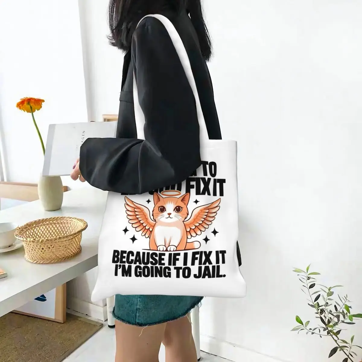 

Women Men I'm Going To LET GOD FIX IT Tote Bags Canvas Funny Cat Meme Grocery Bag for Girl Handbags