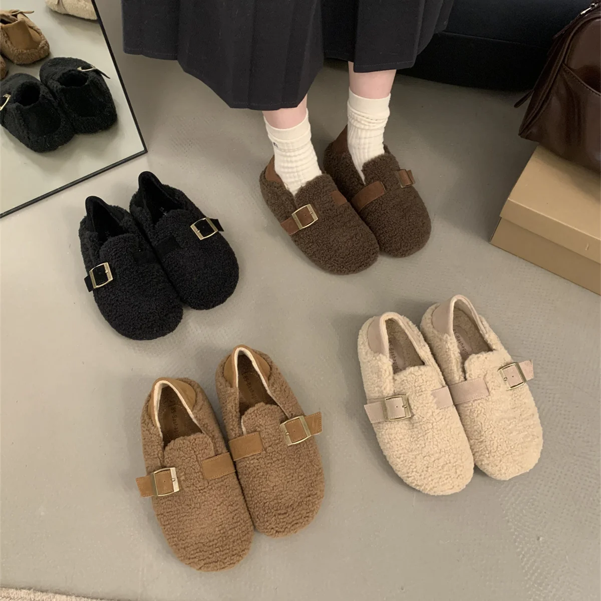 Retro Woman Shoes Loafers Fur Female Footwear Slip-on Casual Sneaker Dress Moccasin Slip On Flat Shoes Woman Flats Slip-on Loafe