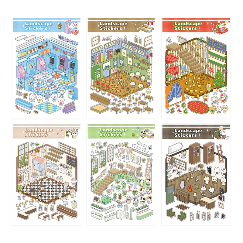 【3CS99】1 Juego de pegatinas estereoscópicas 3D para casa, bricolaje, escena de cabina, apilamiento, pegatinas de animales de dibujos animados para niños, regalo de cuenta de mano