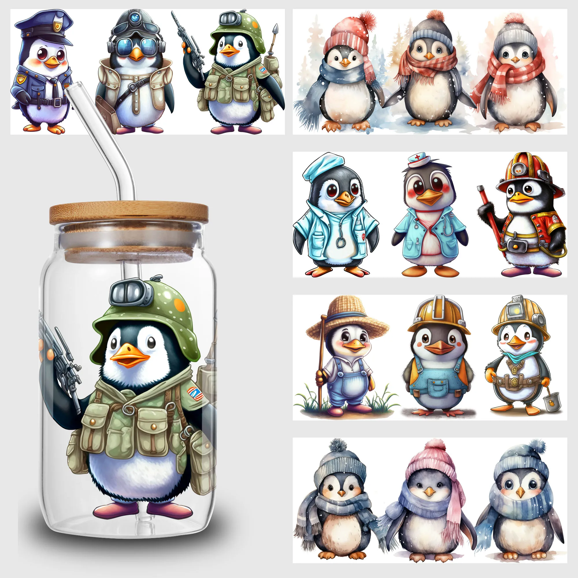 

5 Sheets Penguin UV DTF Cup Stickers, Glass Movement DTF Transfer Stickers, Waterproof Wipe Transfers for 16 oz Glass, Mugs,