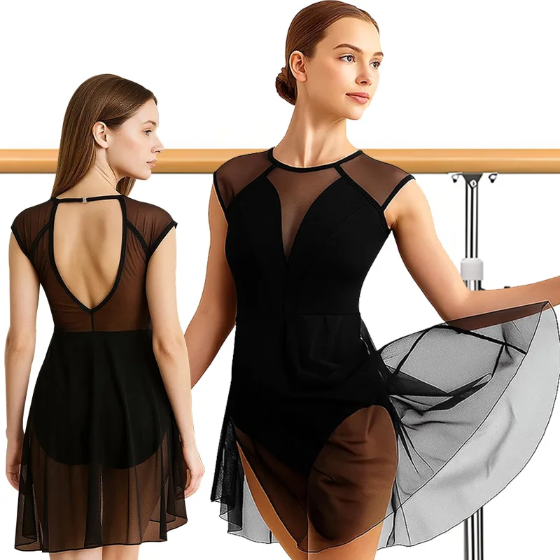 Damen Lyrical Mesh Cap Sleeve Kleid Ballett Tanz Trikot für Erwachsene Gymnastik Röcke mit Hohlrücken Tanzkleid