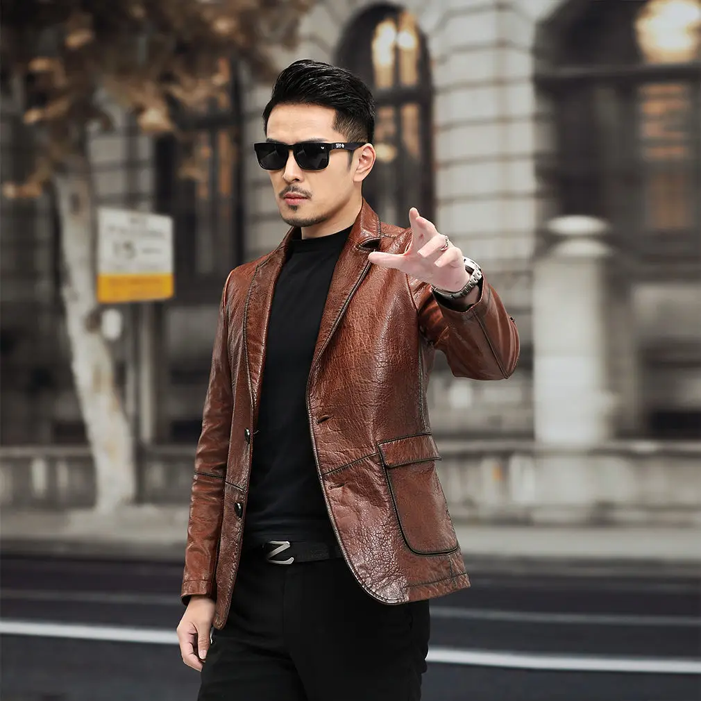 

Men 2022 Spring Autumn Fashion Real Cow Leather Jackets Male Slim Fit Pockets Casual Coats Men Genuine Cowhide Outerwear N88