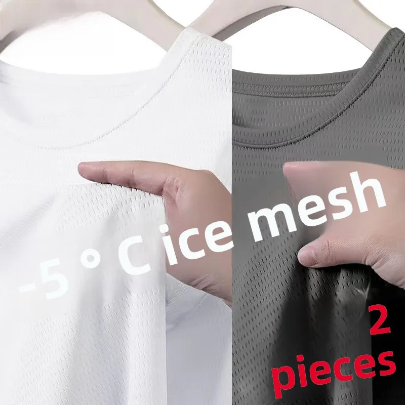 Cseta de seda de hielo para hombre, cuello redondo, manga corta, ra, transpirable, de secado rápido, Color sólido, Top...