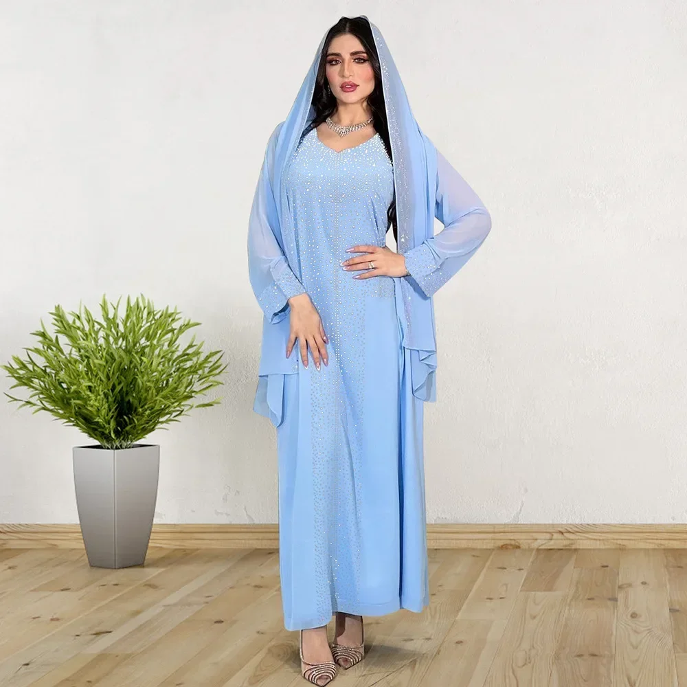 Eid Morocco Party Dress Women Muslim Abaya Diamond Ramadan Chiffon Dubai Abayas Kaftan Elegant Robe Vestidos Turkey Gown 2025
