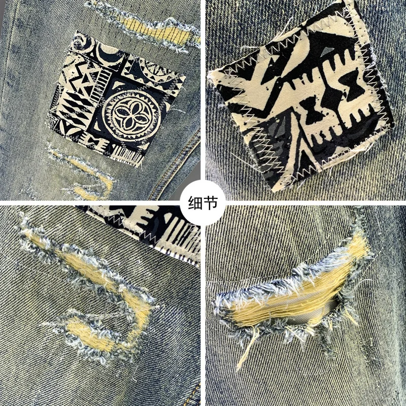 Modne jeansy męskie w stylu streetwear, letnia edycja regularna, z efektem sprania, dziurami, naszywkami i nadrukiem, luźne spodnie.