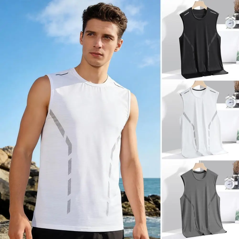 Men Vest Solid Color Neck Sleeveless Tops Quick-Drying Ice Silk Camisole Outdoor Activities Sport Tank Tops
