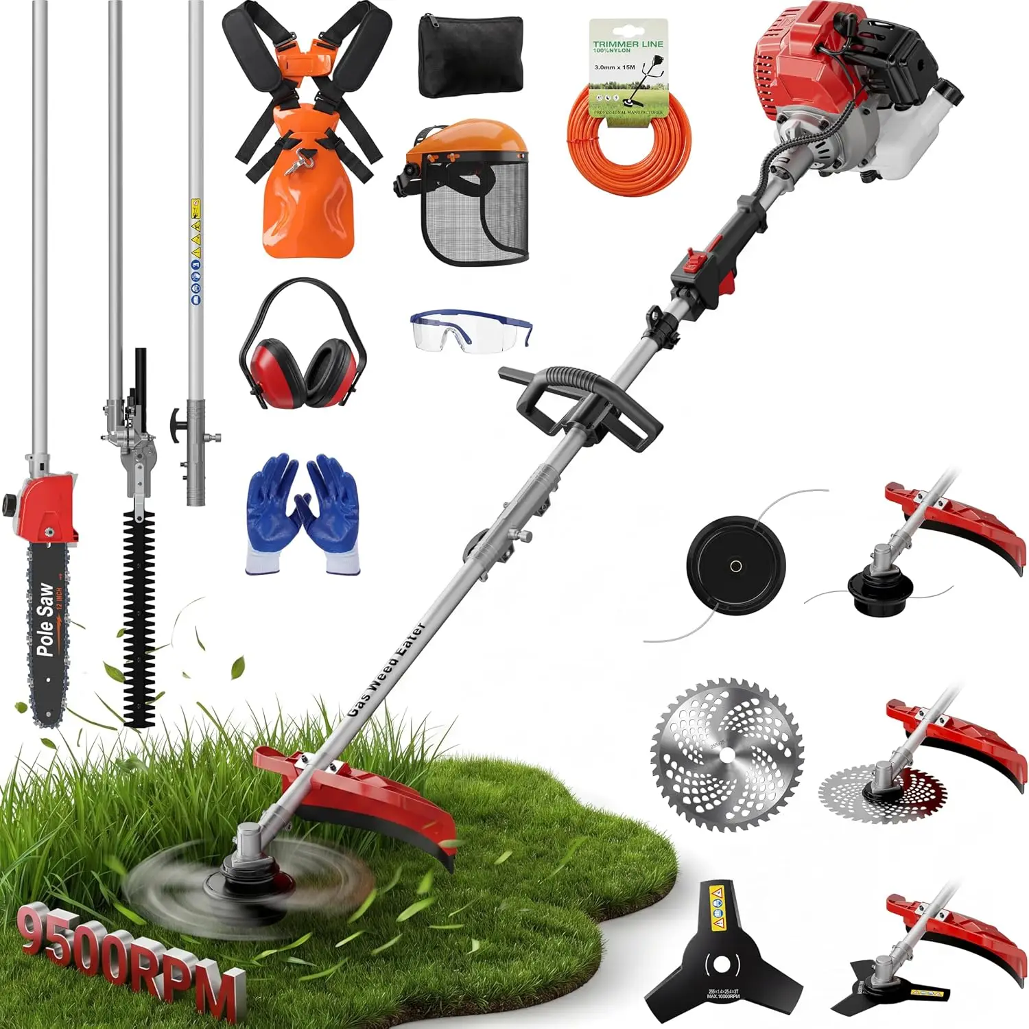52CC Gas Powered Weed Eater & 5-In-1 Multi-Tool - Heavy Duty Brush Cutter, 18