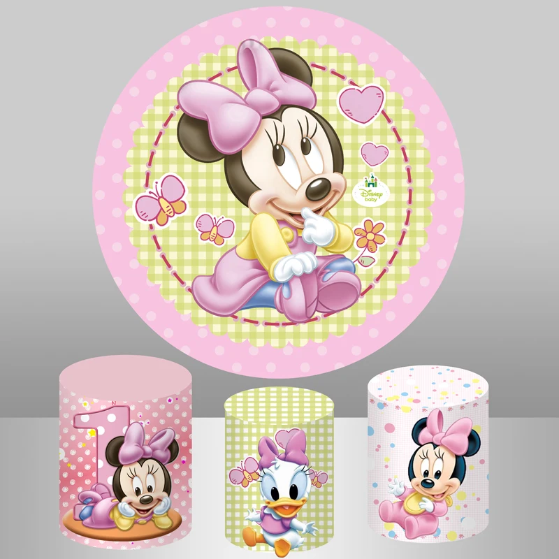 Pink Baby Minnie Round Circle Backdrop for Baby Shower Girls 1st Birthday Party Decoration Dessert Table Candy Table Banner