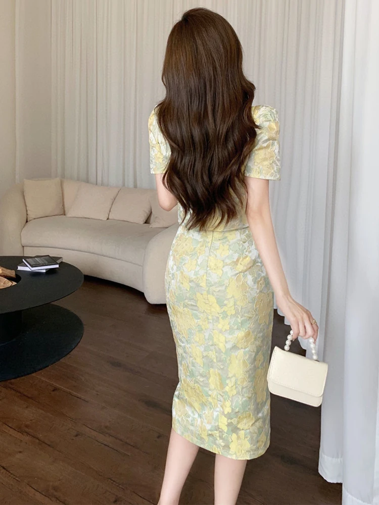 Small Fragrance Two Piece Set Women Print Puff Sleeve Shirt Crop Top + Long Skirt Suits French Vintage 2 Piece Set