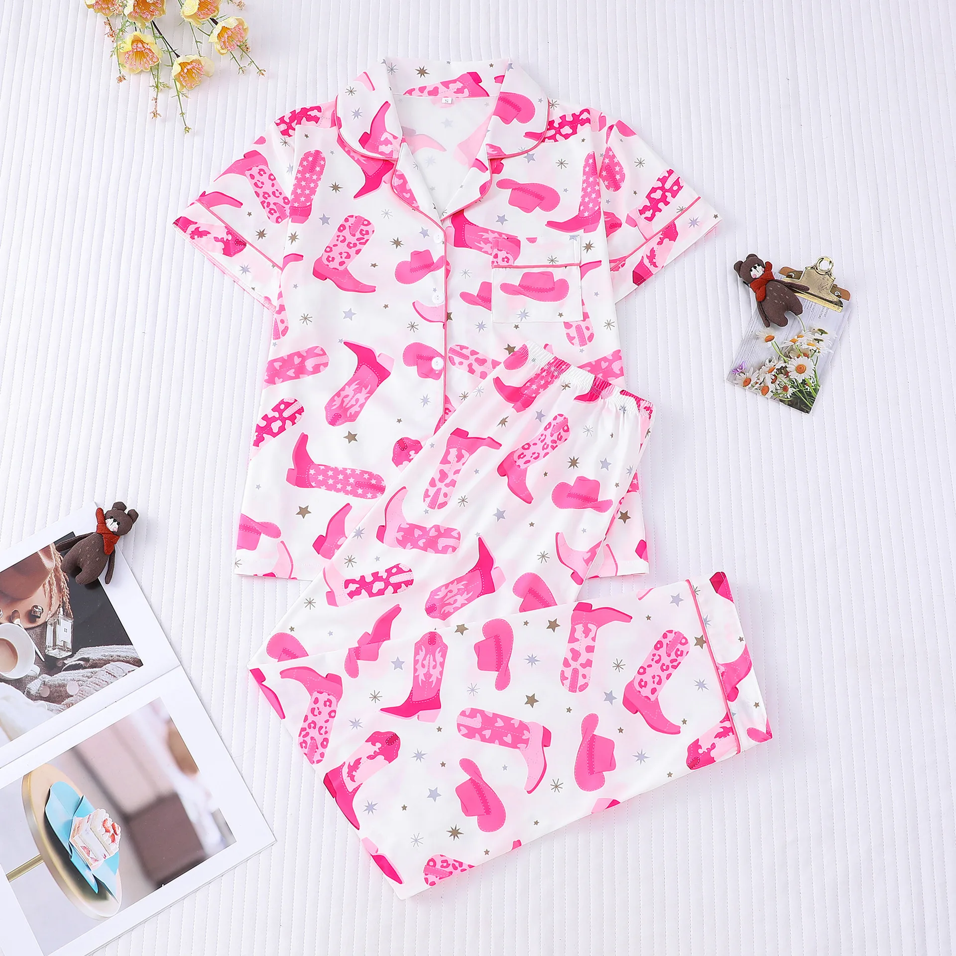 

Autumn New European American Women's Pajama Set Pink Fashion Printed Comfortable Cardigan Lapel Short Sleeve Trousers 2PCS Set