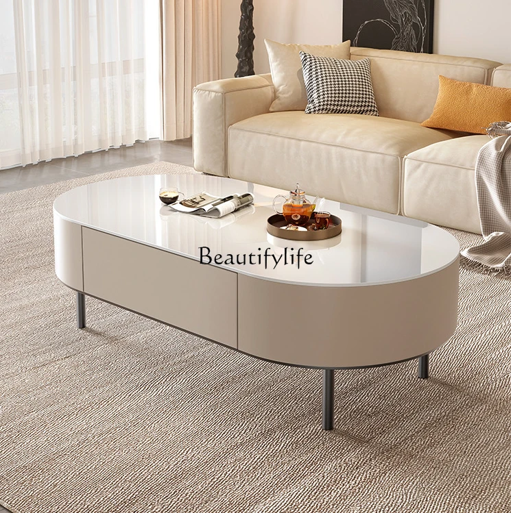 

Stone Plate Coffee Table Modern Minimalist Floor Tea Table Oval Small Coffee Table