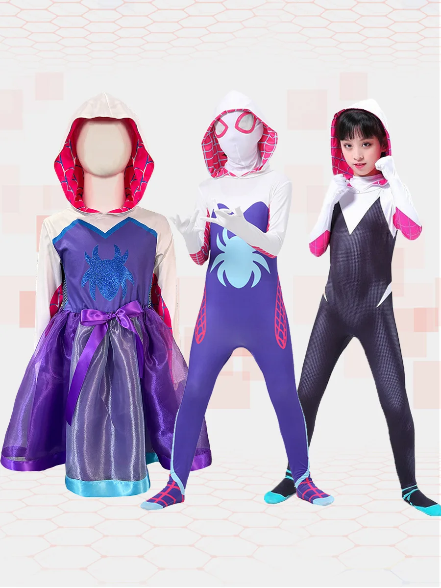 Girls Gwen Ghost Spider Costume Bodysuit Halloween Cosplay Hooded Holiday Party Costumes Girls Fantasy Sexy Dress Up Costume