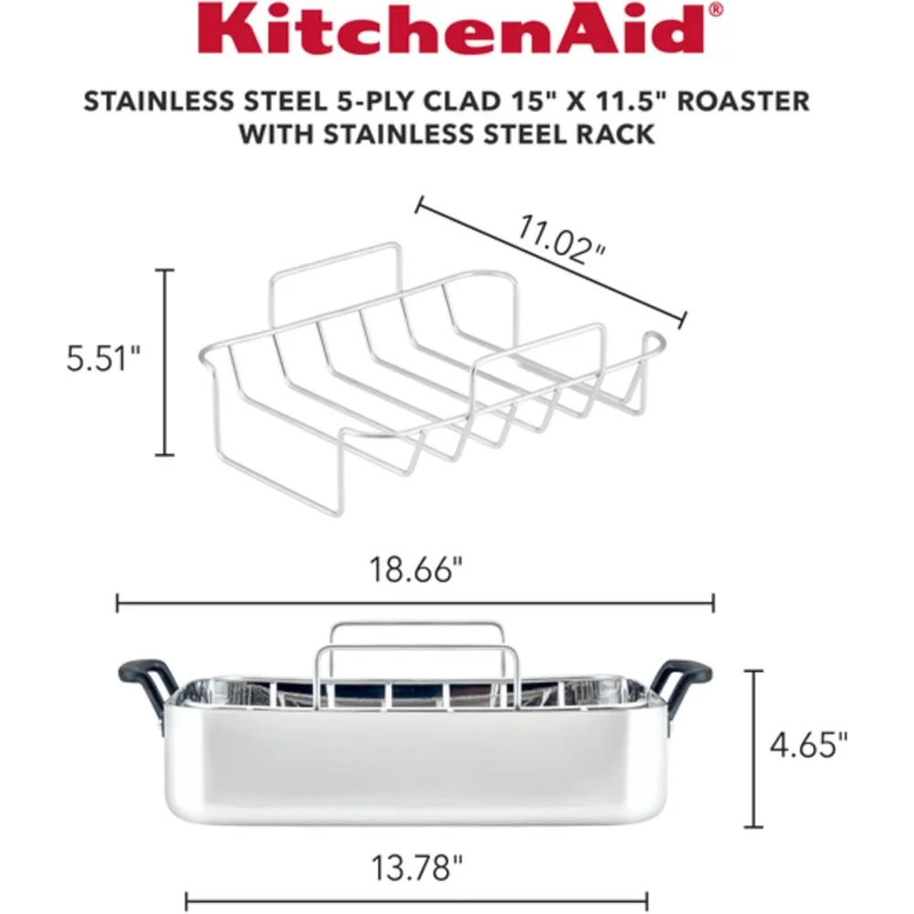 5-Ply Clad Roasting Pan/Roaster with Removable Rack, 15 Inch x 11.5 Inch, Polished Stainless Steel