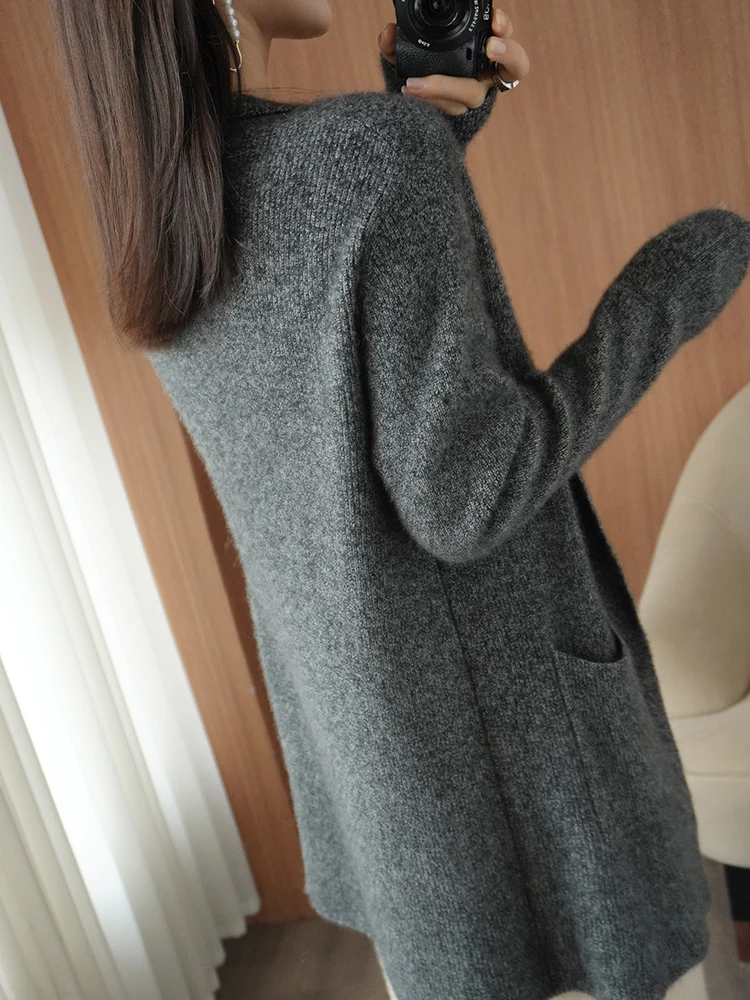 Cashmere Sweater Ladies Lapel Cardigan Spring and Autumn New Buttonless Jacket Casual Knitted Loose Korean Fashion Pure Wool Top