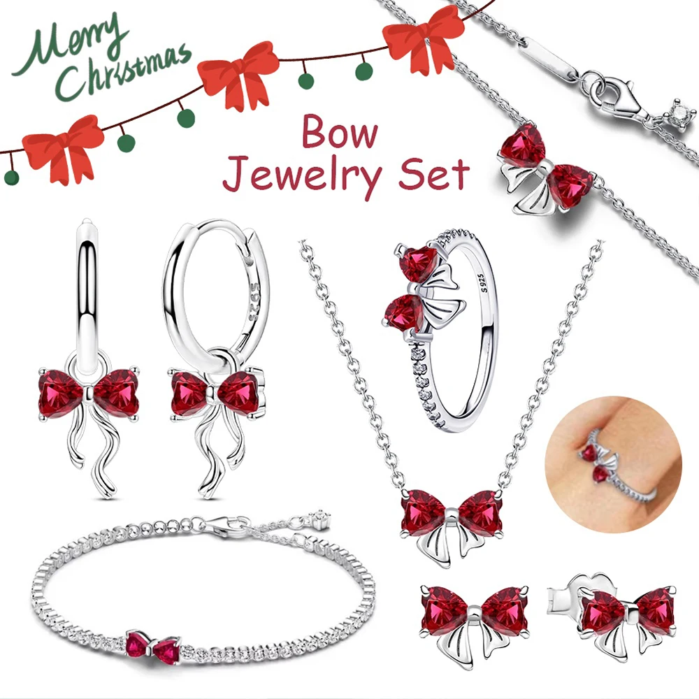 

Christmas Bow Jewelry Set 925 Sterling Silver Fashion Earring Necklace Ring Bracelet Tie Set Original Women Fine Festival Gift