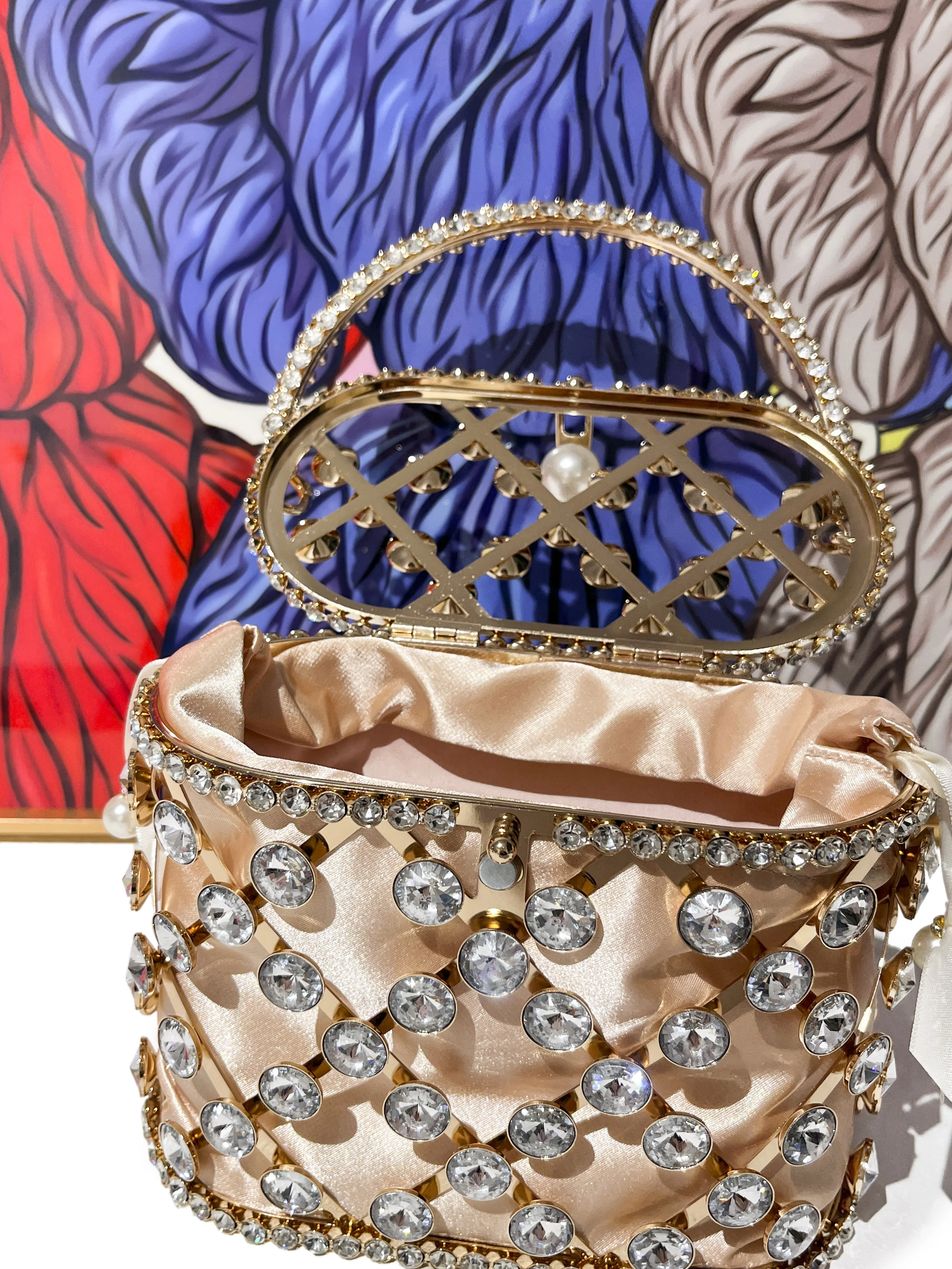 Hollowed-out French vintage vegetable basket with diamond-encrusted hand-held messenger bag