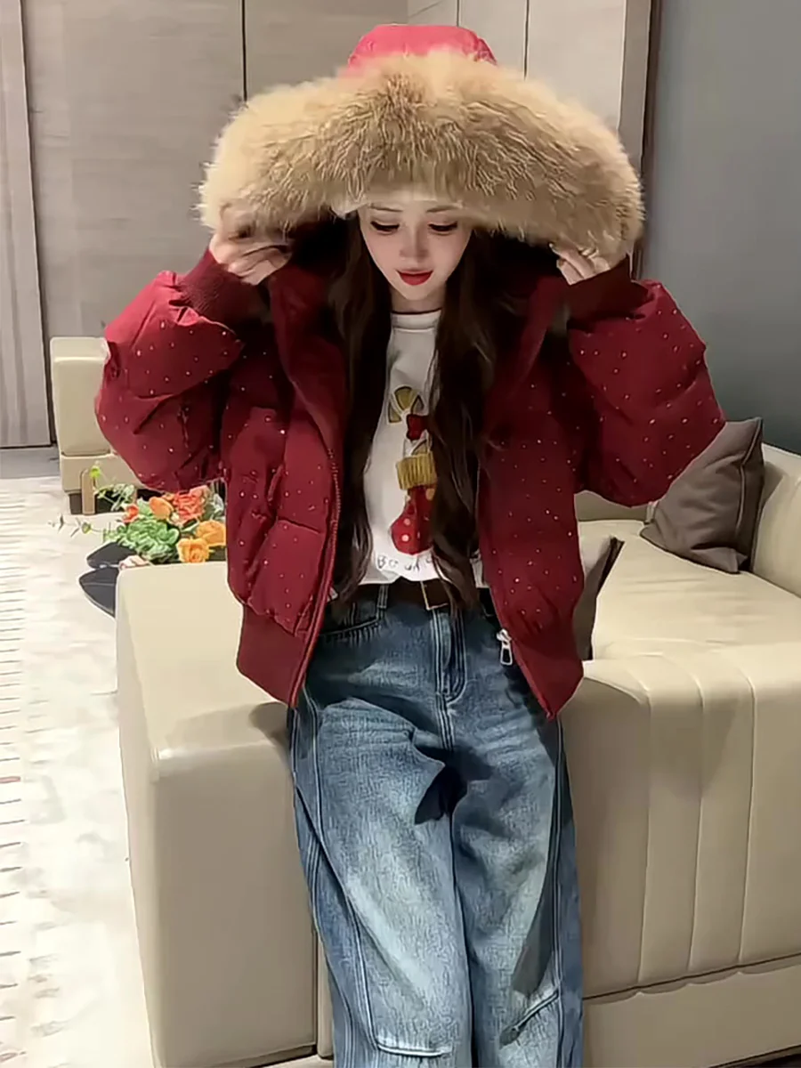 

Red ort Puffer Jaet Women's Thiened Du down Coat Winter New Sle Real Fur Collar Casual Sle Long Sve Zipper