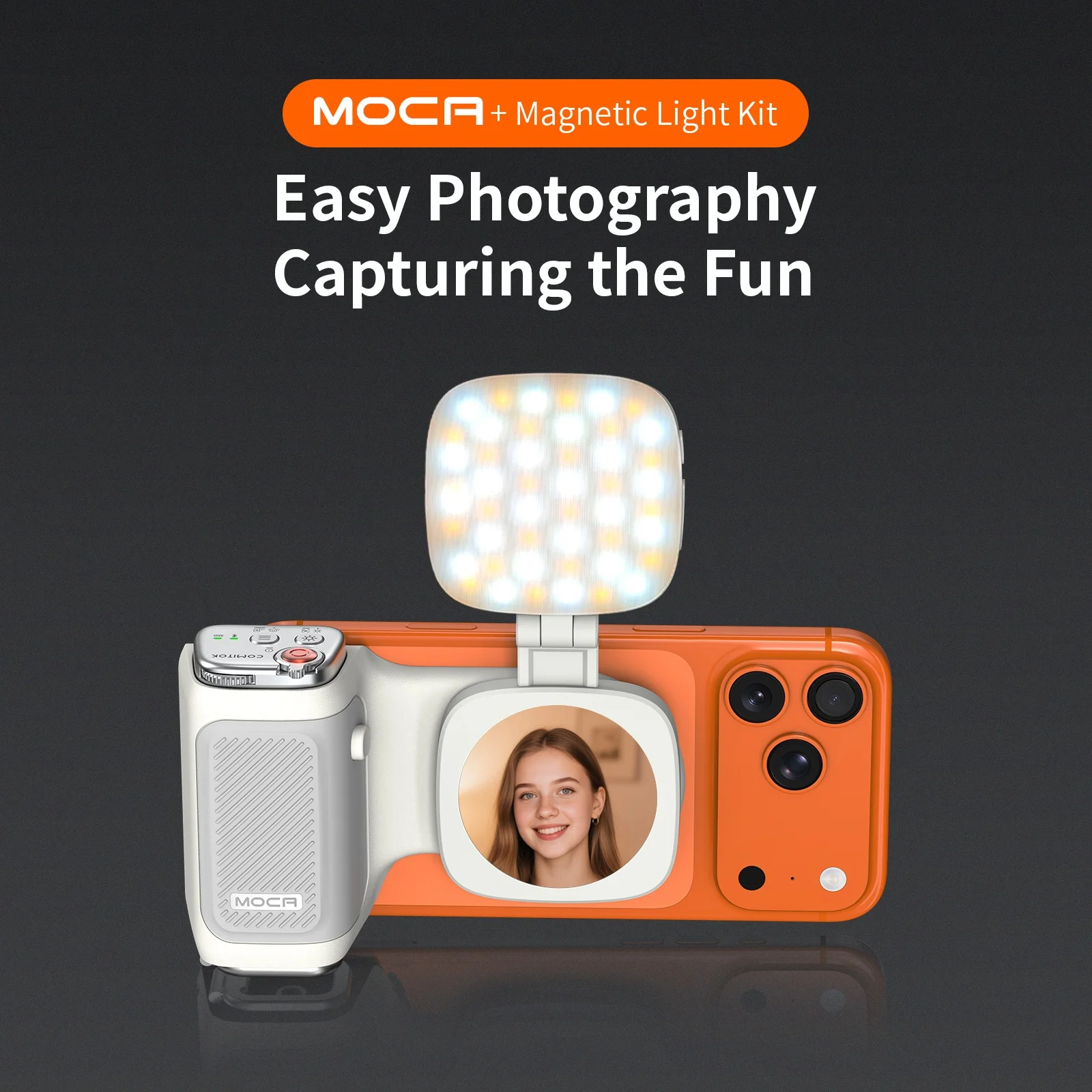 COMITOK MOCA iPhone Wireless Selfie Booster, mit Focus Lock/DSLR-Auslöser, wiederaufladbare Fernbedienung + optionaler Spiegel/Fülllicht – Detail 2